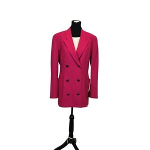Edie Johne 100% Wool Double Breasted Tailored Blazer Fuchsia Pink Gold Button
